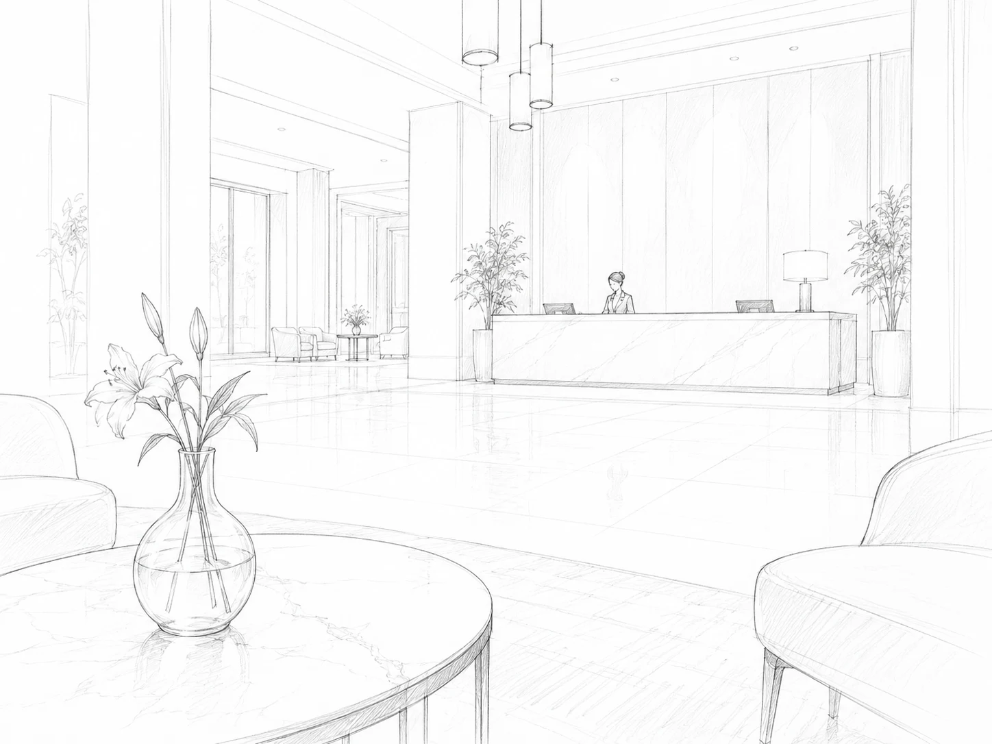 Лёгкий карандашный рисунок холла с цветами и стойкой регистрации